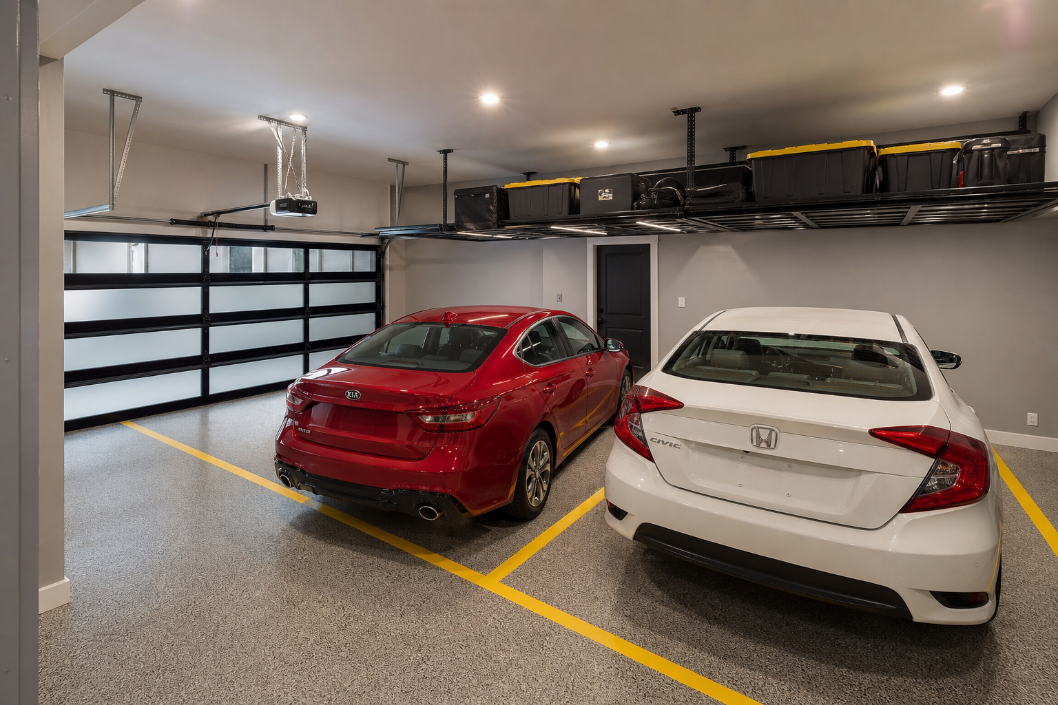 Two car garage with yellow painted parking lines and overhead ceiling storage platform