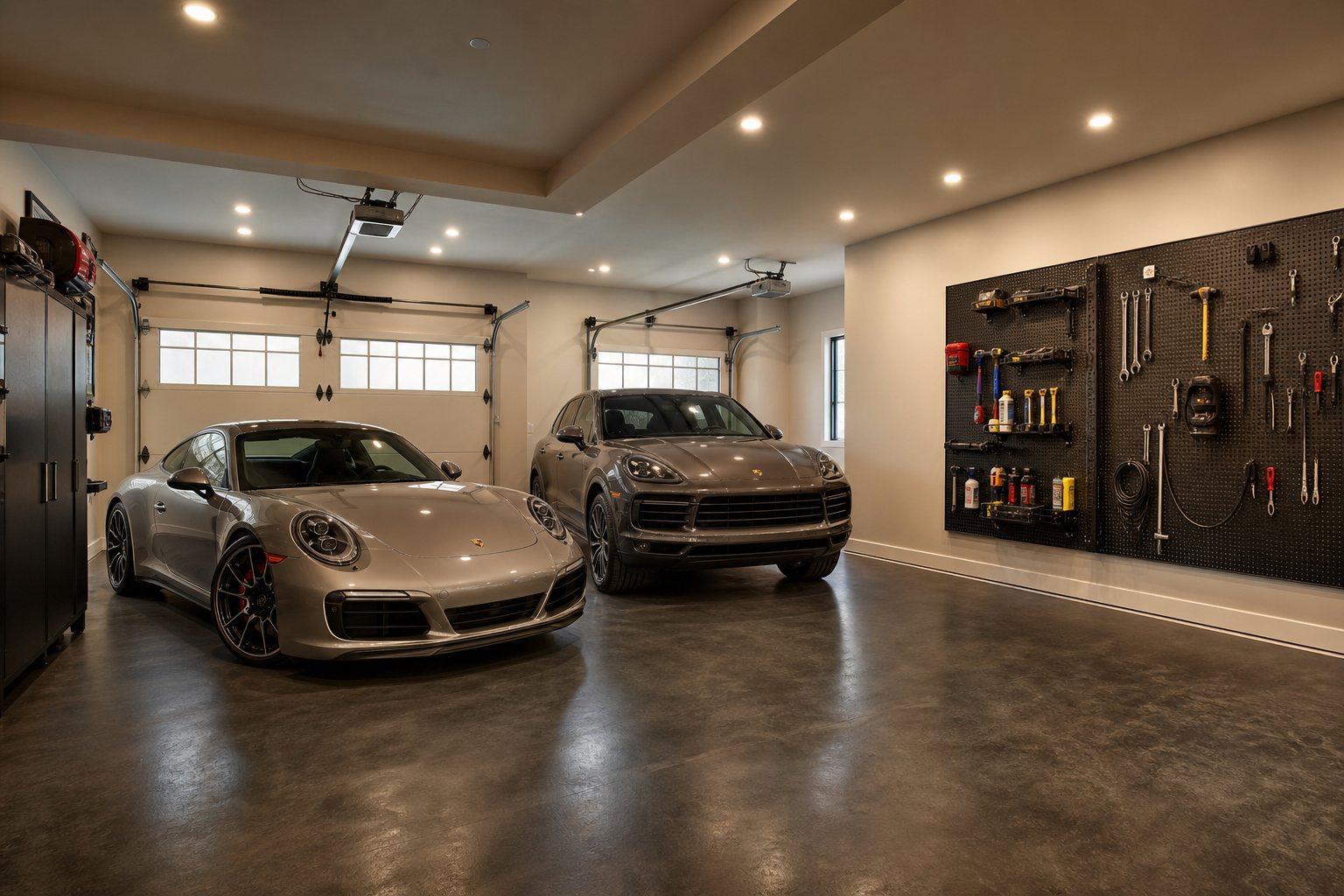 Two car garage with angled parking creating extra wall space for a pegboard tool wall