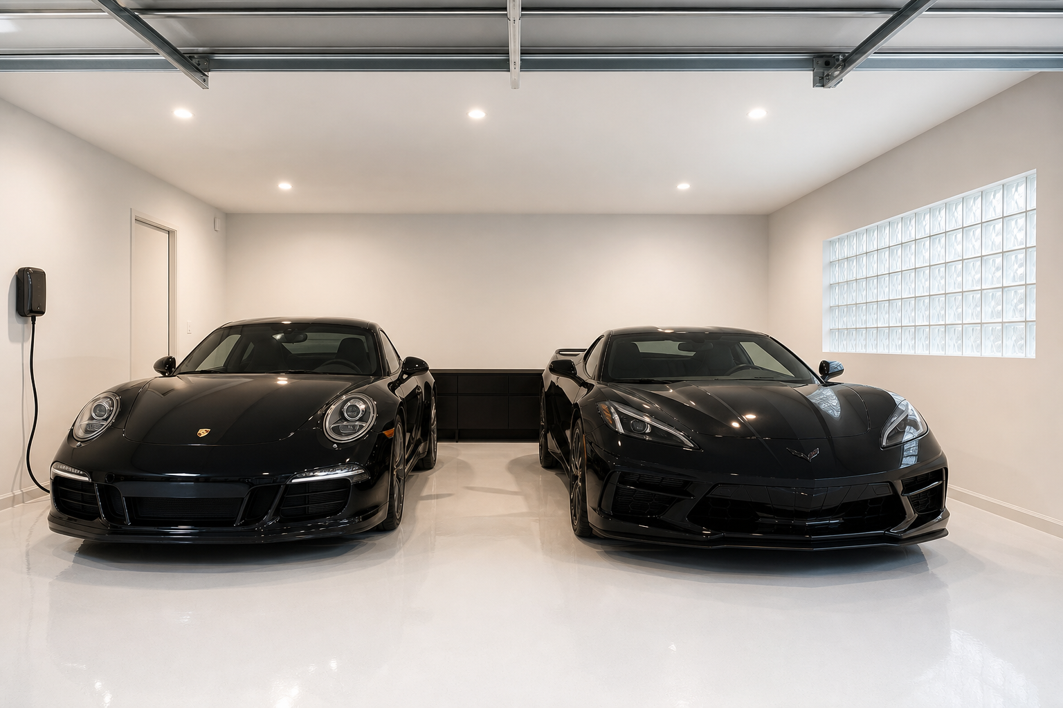 Minimalist two car garage with glossy white floor and two dark sports cars parked side by side