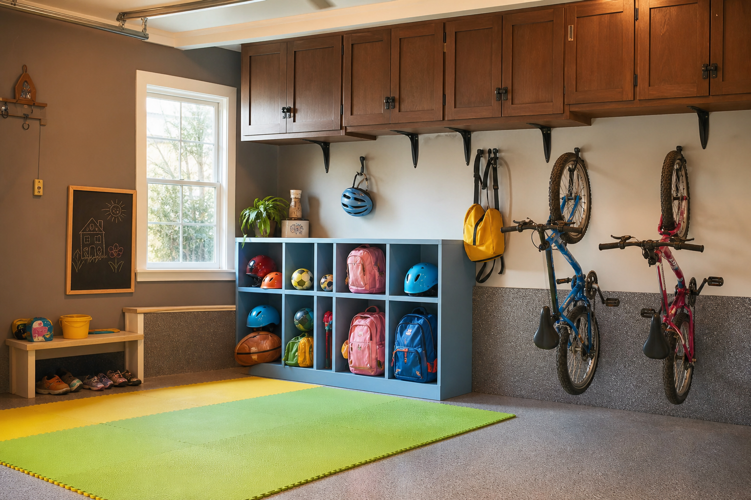 Kids gear corner in a two car garage with low cubbies chalk board and child height bike hooks