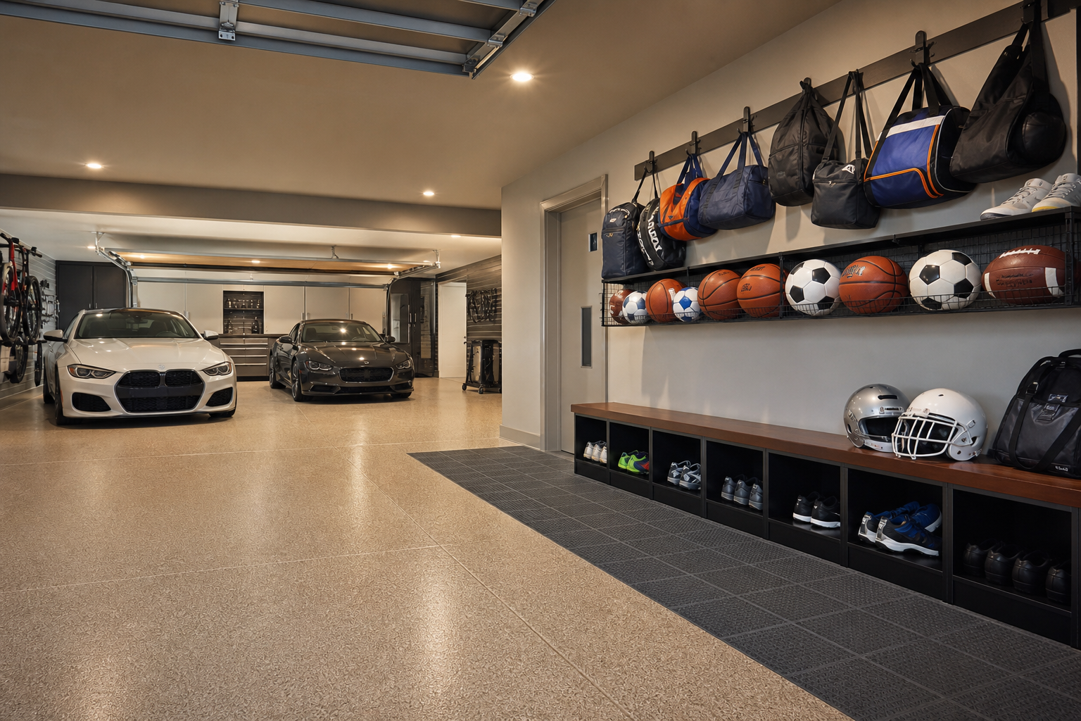 Sports equipment zone in two car garage with ball rack bench and gear hooks on side wall