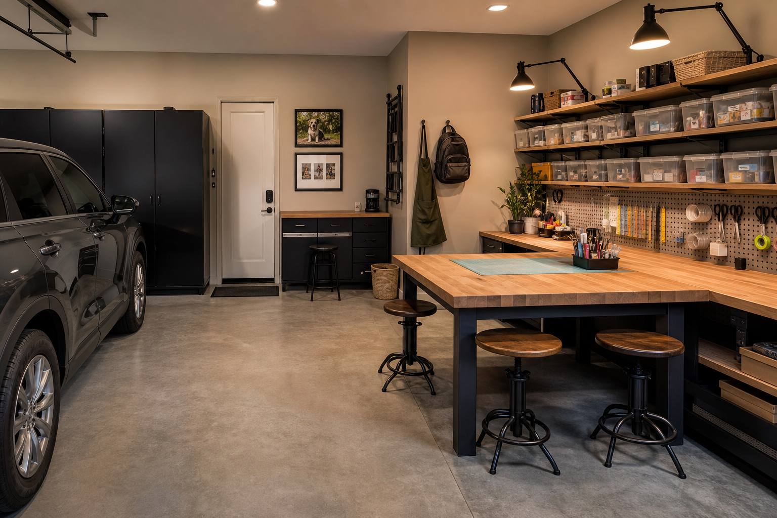 Family craft table with butcher block surface open shelving and task lighting in garage corner