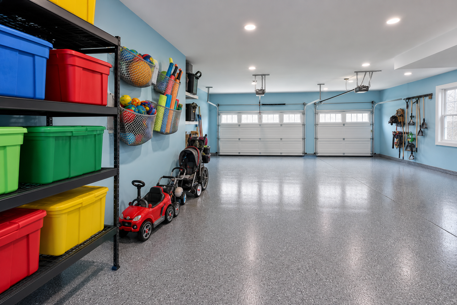 Toy and outdoor play equipment storage zone in a two car garage with colorful bins and wall nets