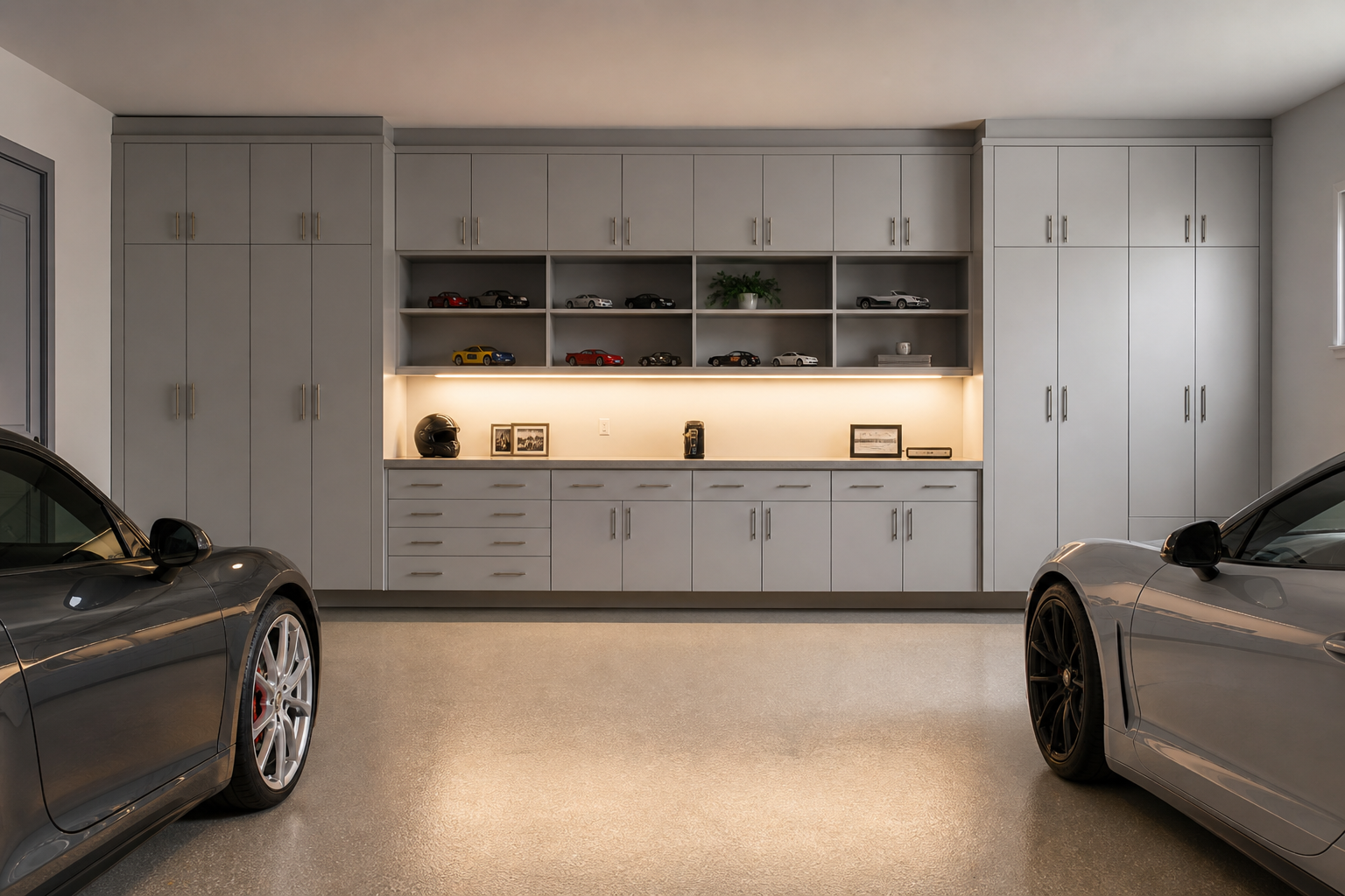 Two car garage back wall with full height cabinets open shelving and countertop workspace