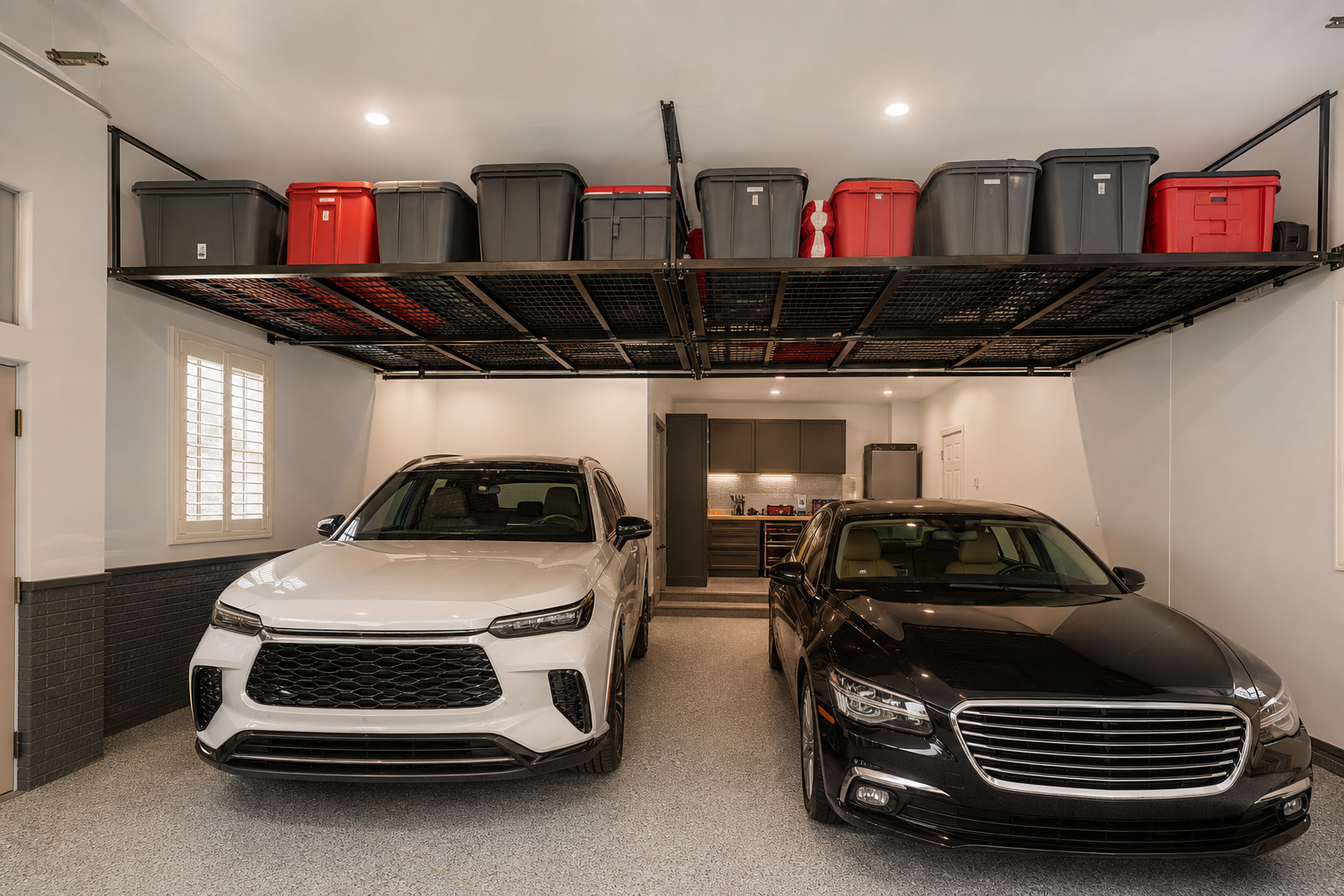 Overhead ceiling storage racks with labeled bins spanning both parking bays in a two car garage