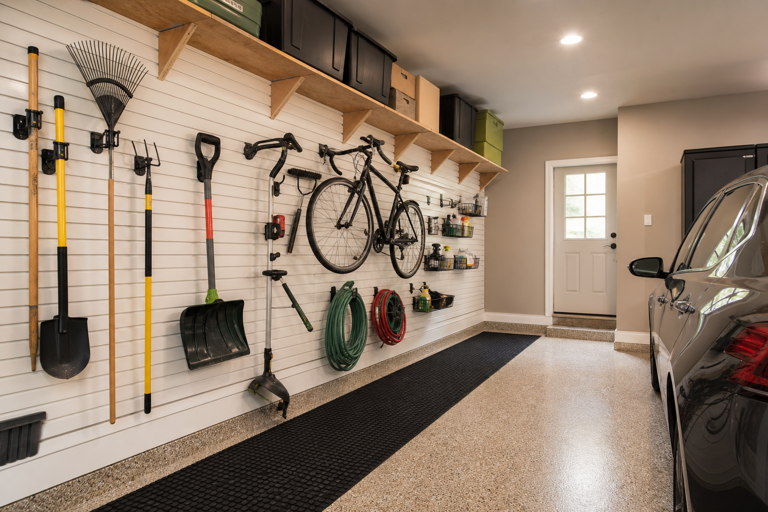 White slatwall panel system on garage side wall with hooks bikes tools and baskets