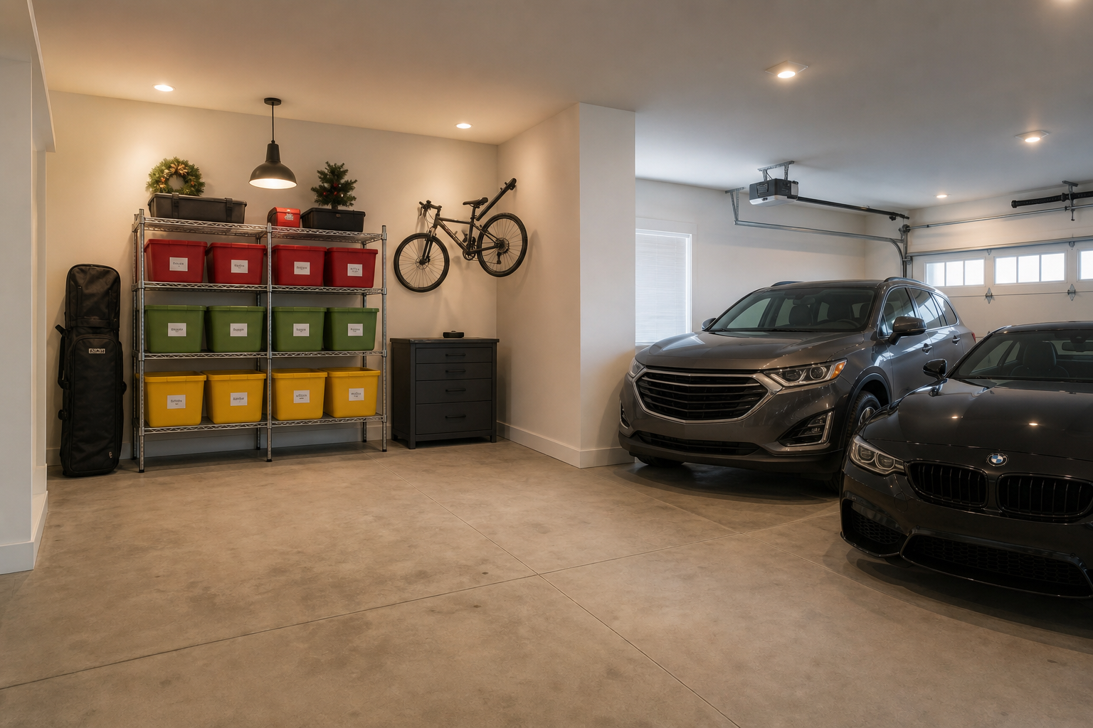 Seasonal storage corner in a two car garage with labeled color coded bins on wire shelving