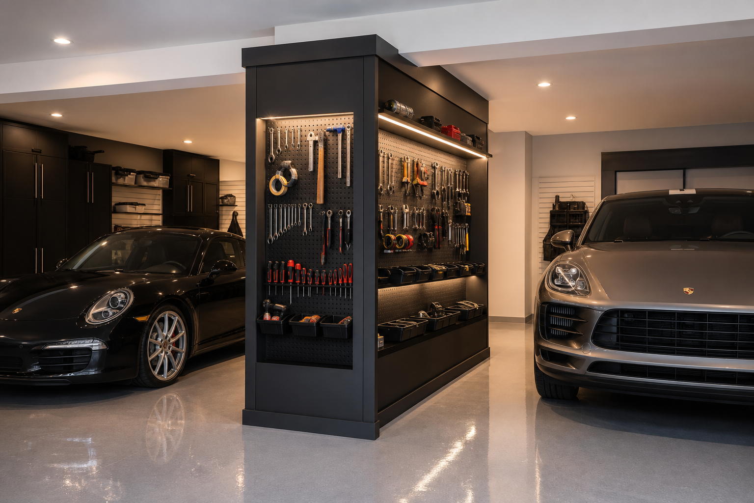 Double sided storage column between two parking bays with pegboard and hand tools