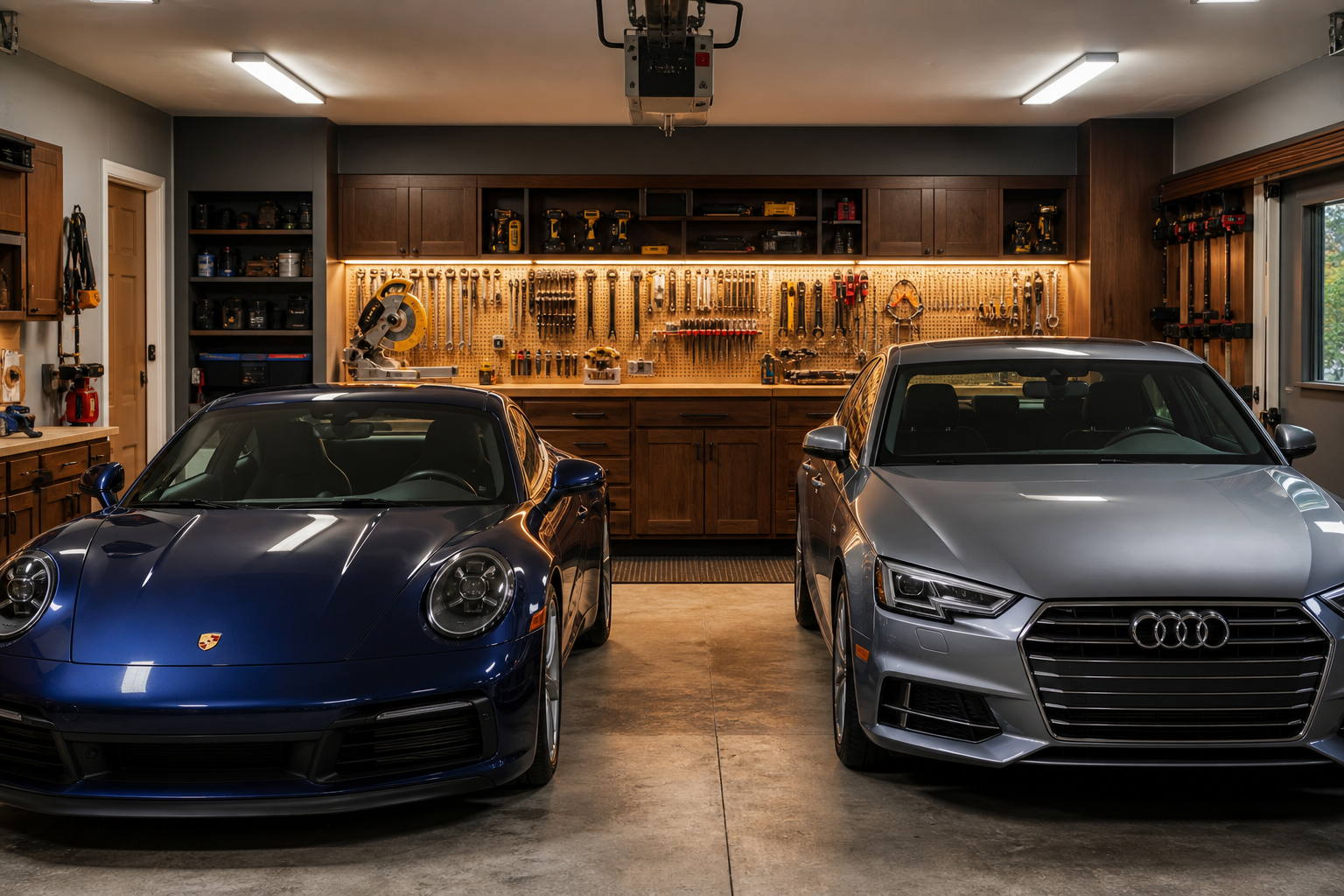 Two car garage with workbench along back wall and two cars parked in front of it