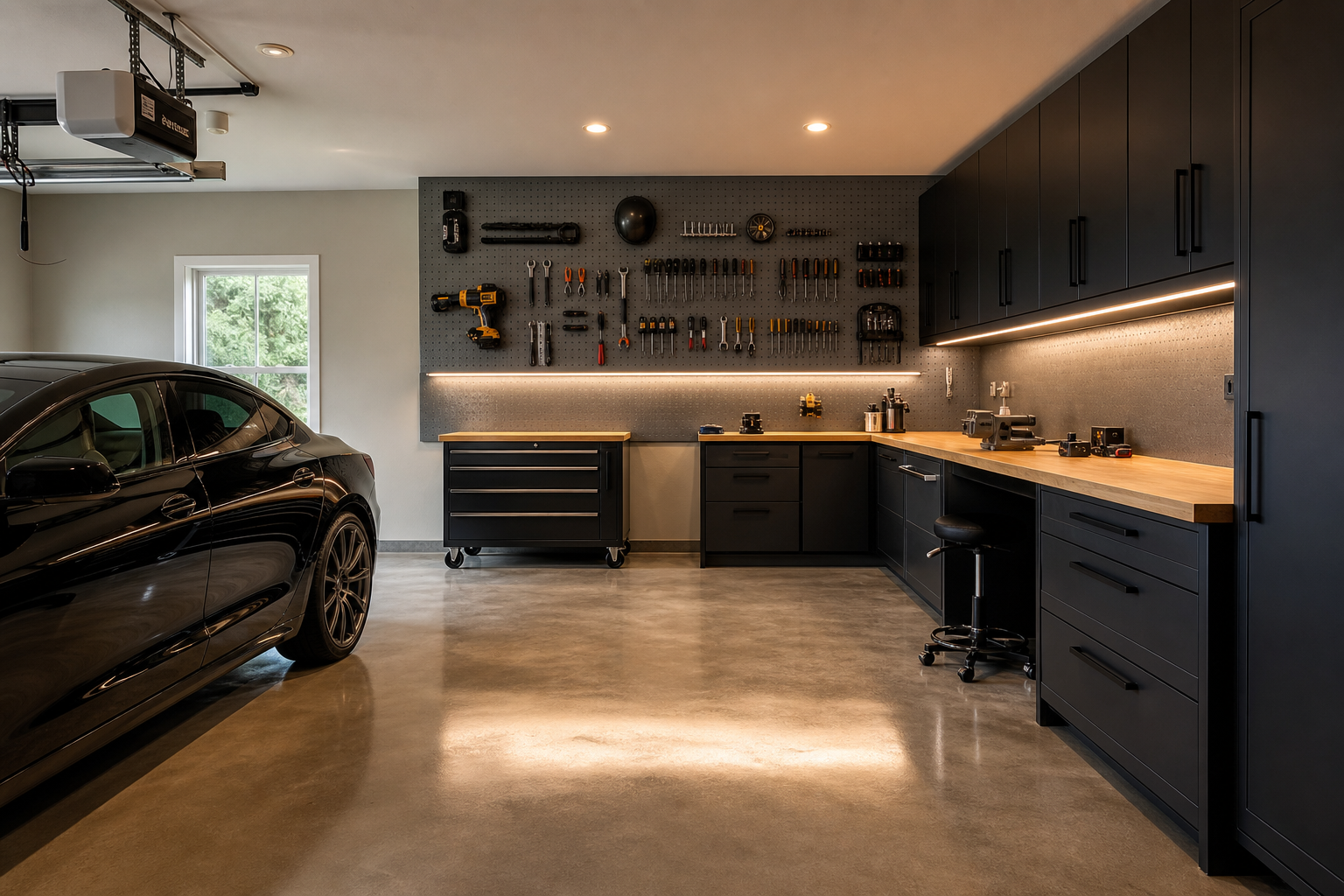 Side wall workshop with L shaped bench and tool chest alongside a single parked car