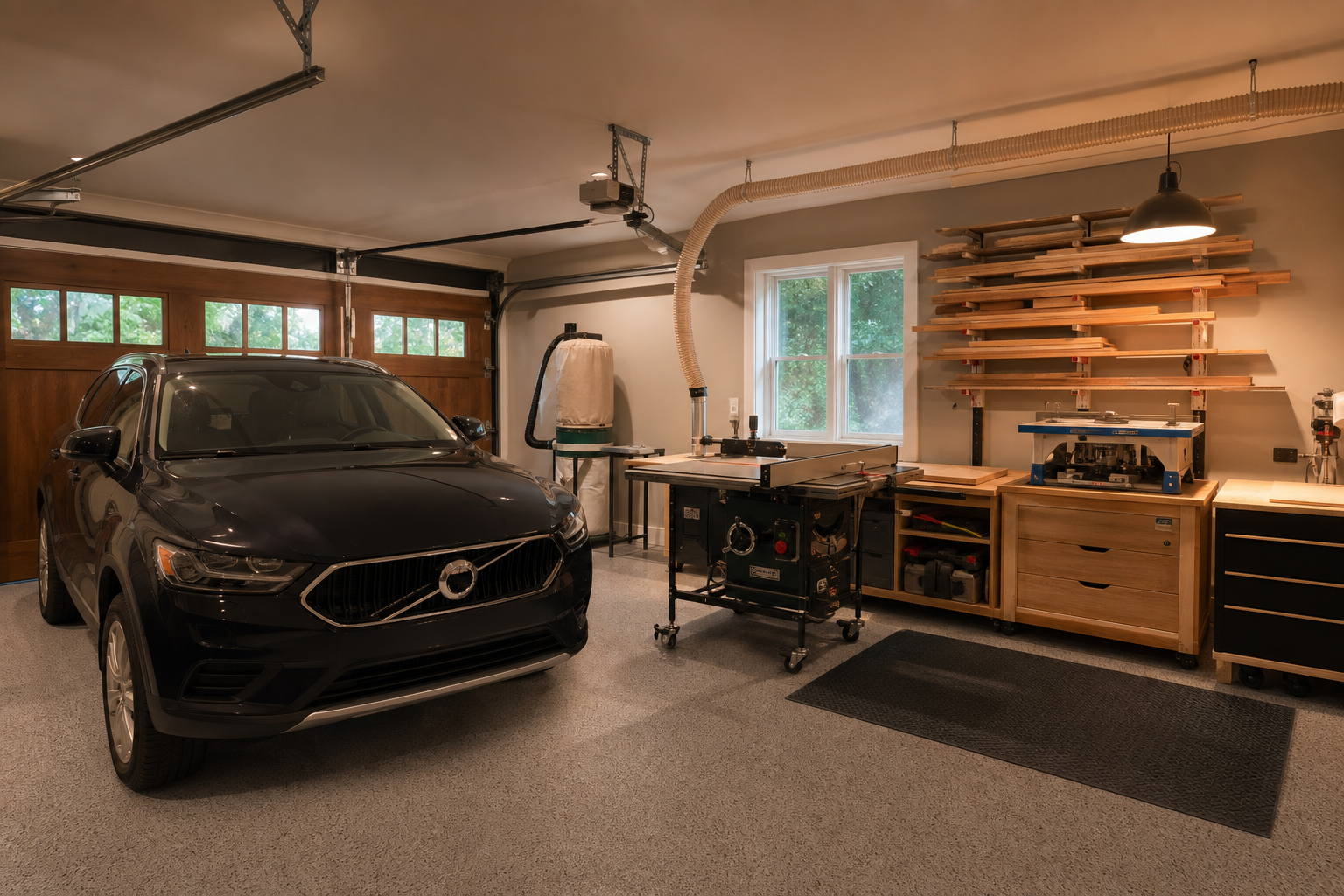 Power tool corner with table saw and router table in a two car garage alongside a parked car