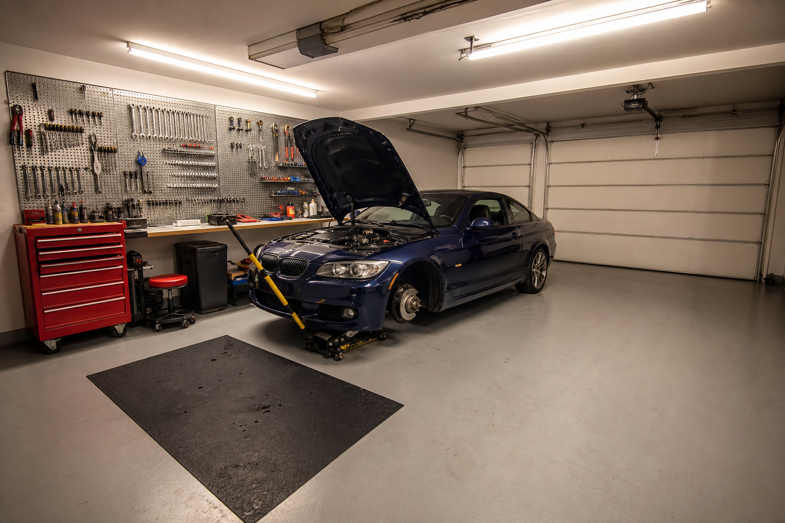 Mechanic workshop bay with tool chest and wall pegboard in a two car garage