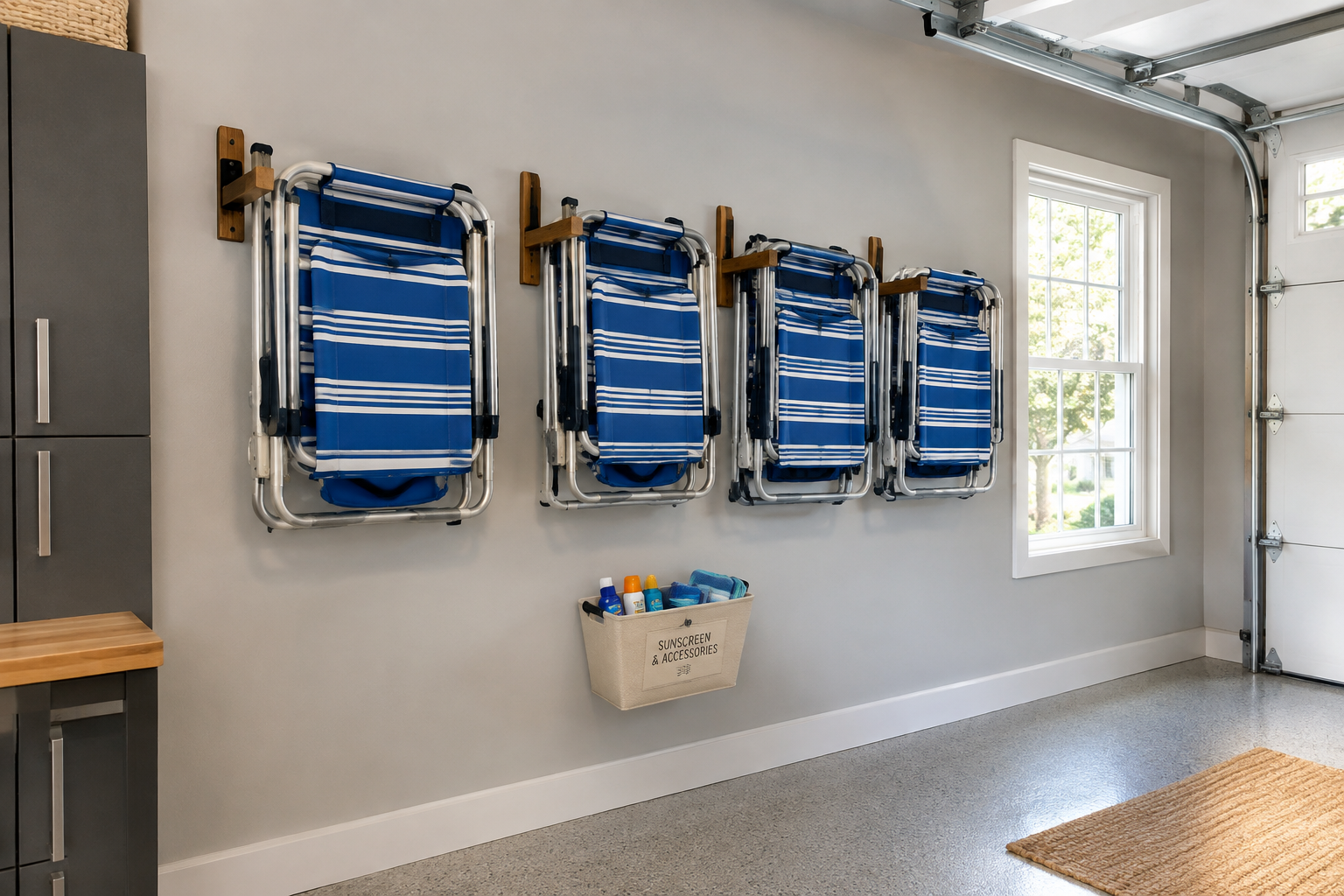Wooden wall-mounted rack holding four folded blue and white striped beach chairs in a gray garage