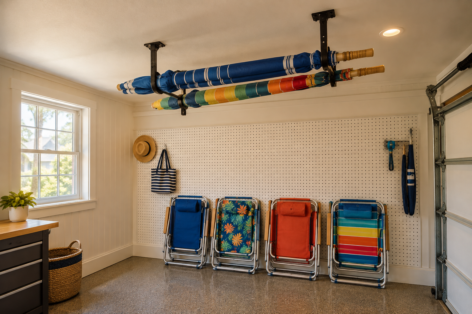 Black ceiling hooks holding rolled beach umbrellas overhead with colorful chairs lined up below on garage floor