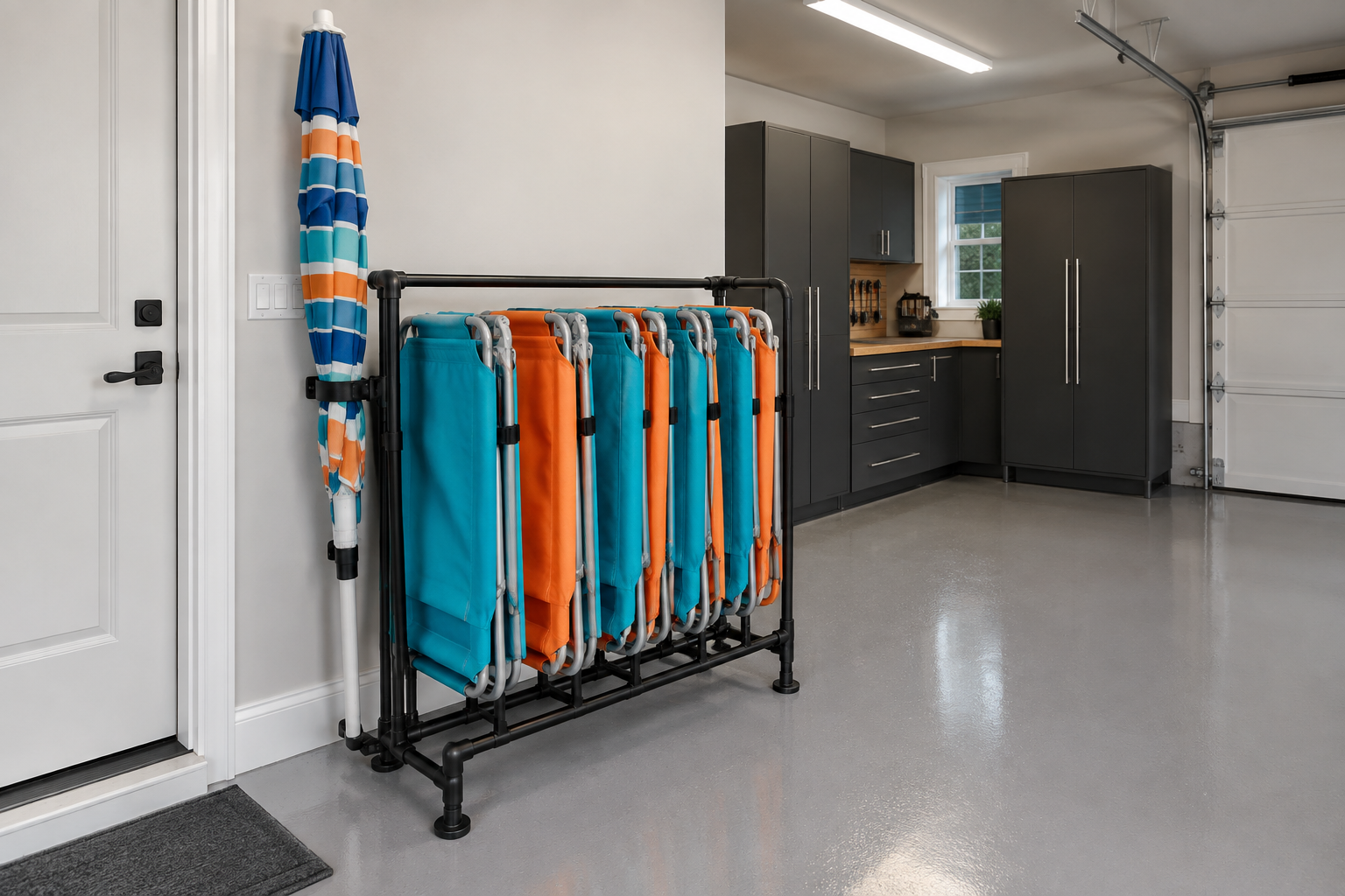 Black freestanding vertical pipe rack organizing six teal and orange folded beach chairs in a gray garage corner