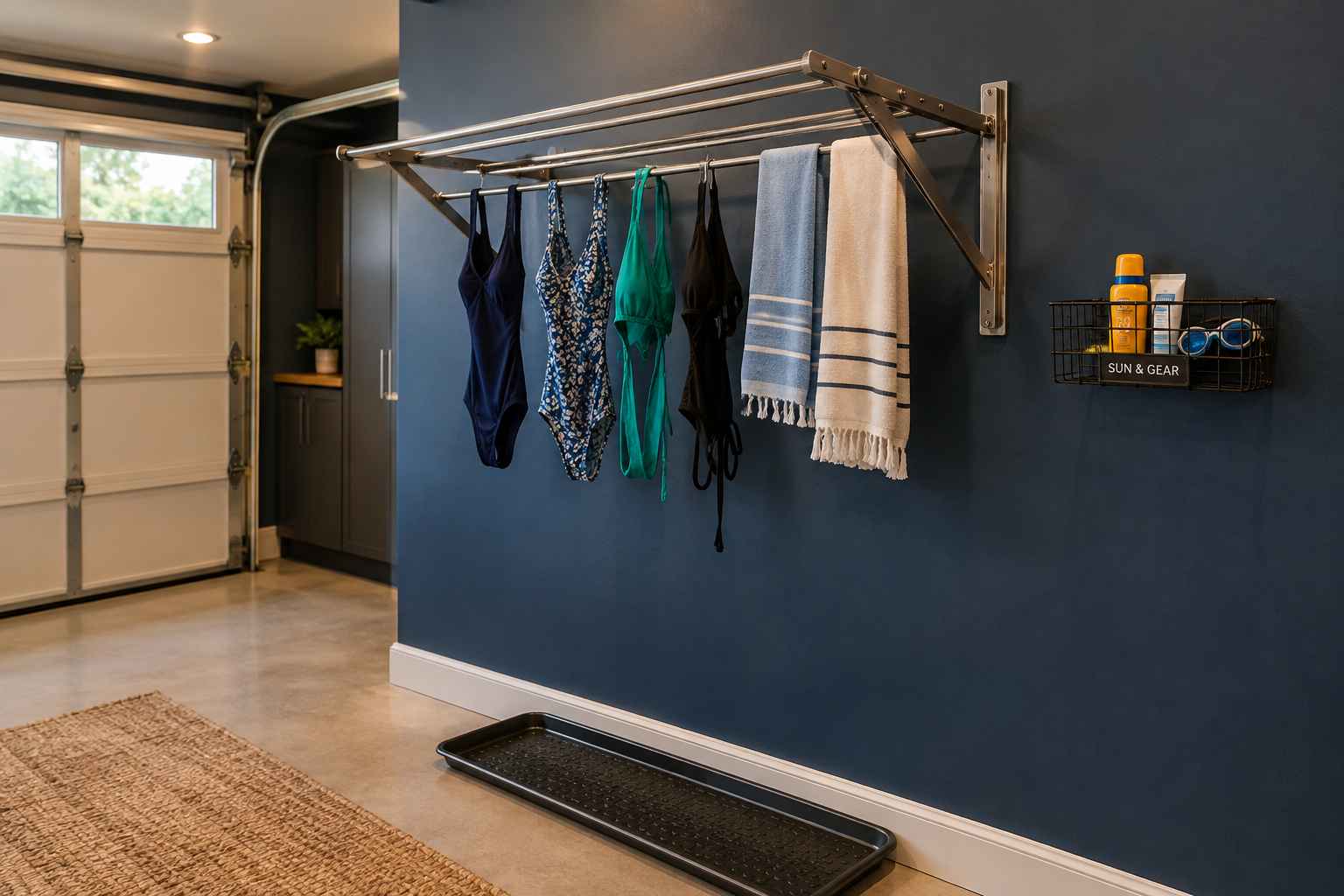 Foldable stainless drying rack with swimwear above a rubber drip tray in a navy blue garage mudroom nook