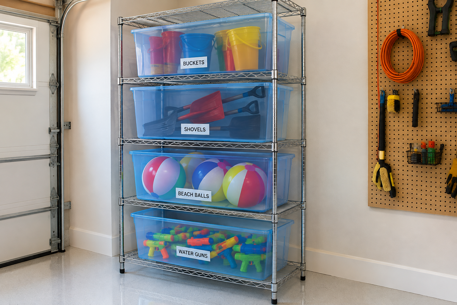 Chrome wire shelving unit with four labeled translucent blue ventilated bins holding sorted beach and sand toys