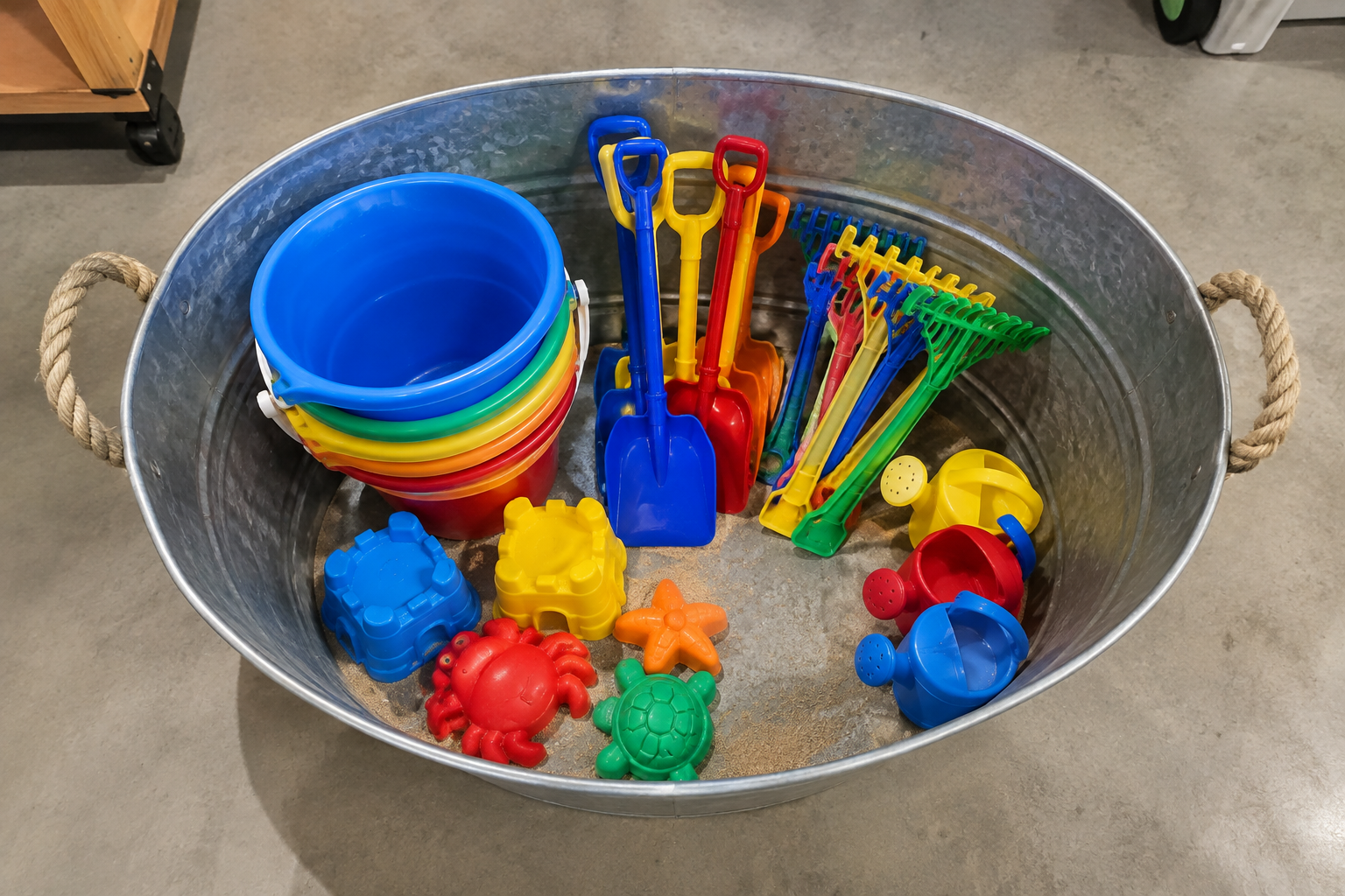 Overhead view of galvanized metal tub with rope handles holding sorted colorful plastic sand toys on garage floor