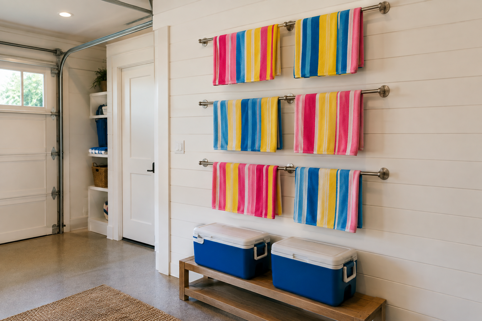 Stainless steel towel bars holding colorful striped beach towels above a wooden cooler shelf on white shiplap garage wall