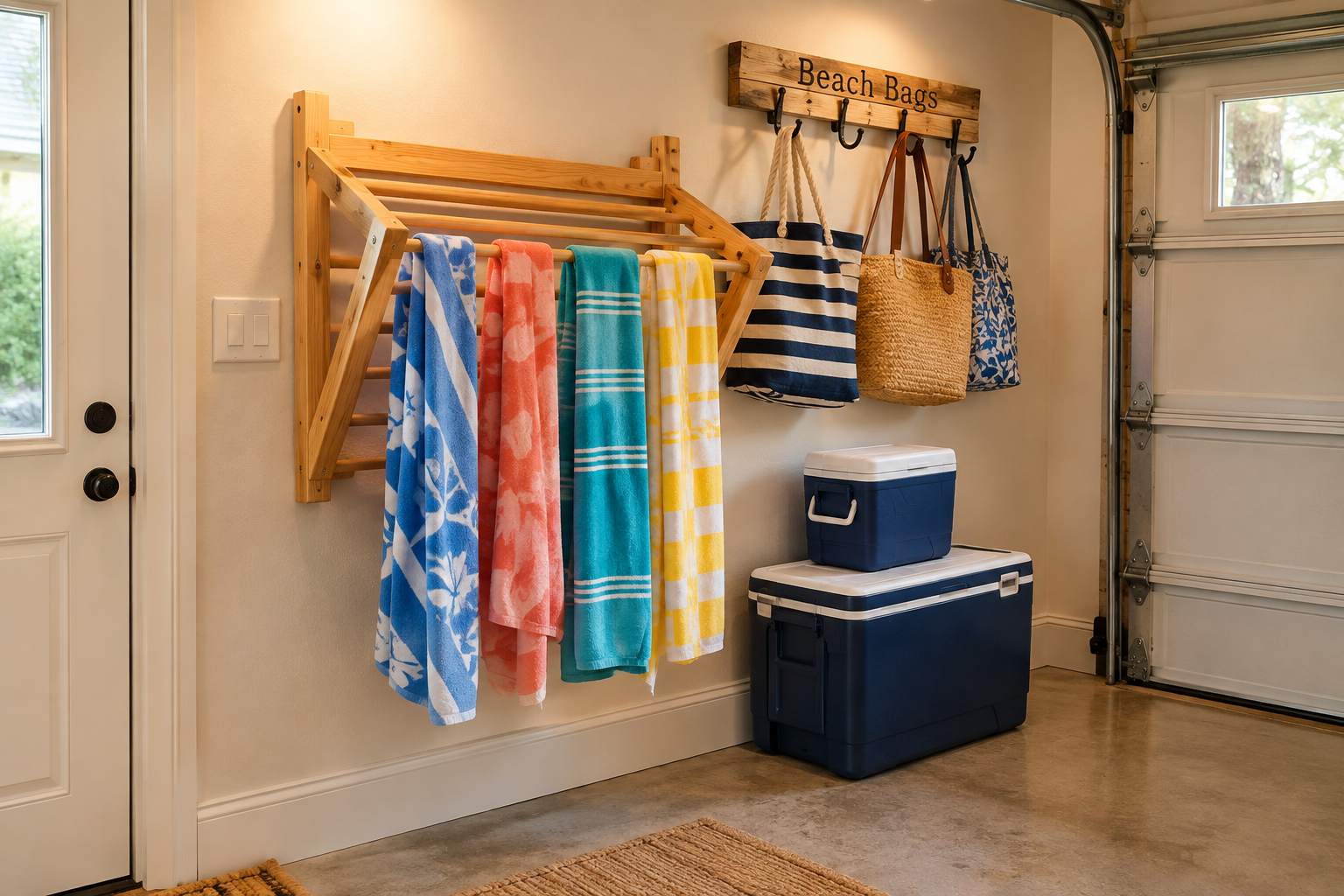 Pine fold-down wall drying rack with colorful beach towels beside stacked navy coolers and bag hooks in garage corner