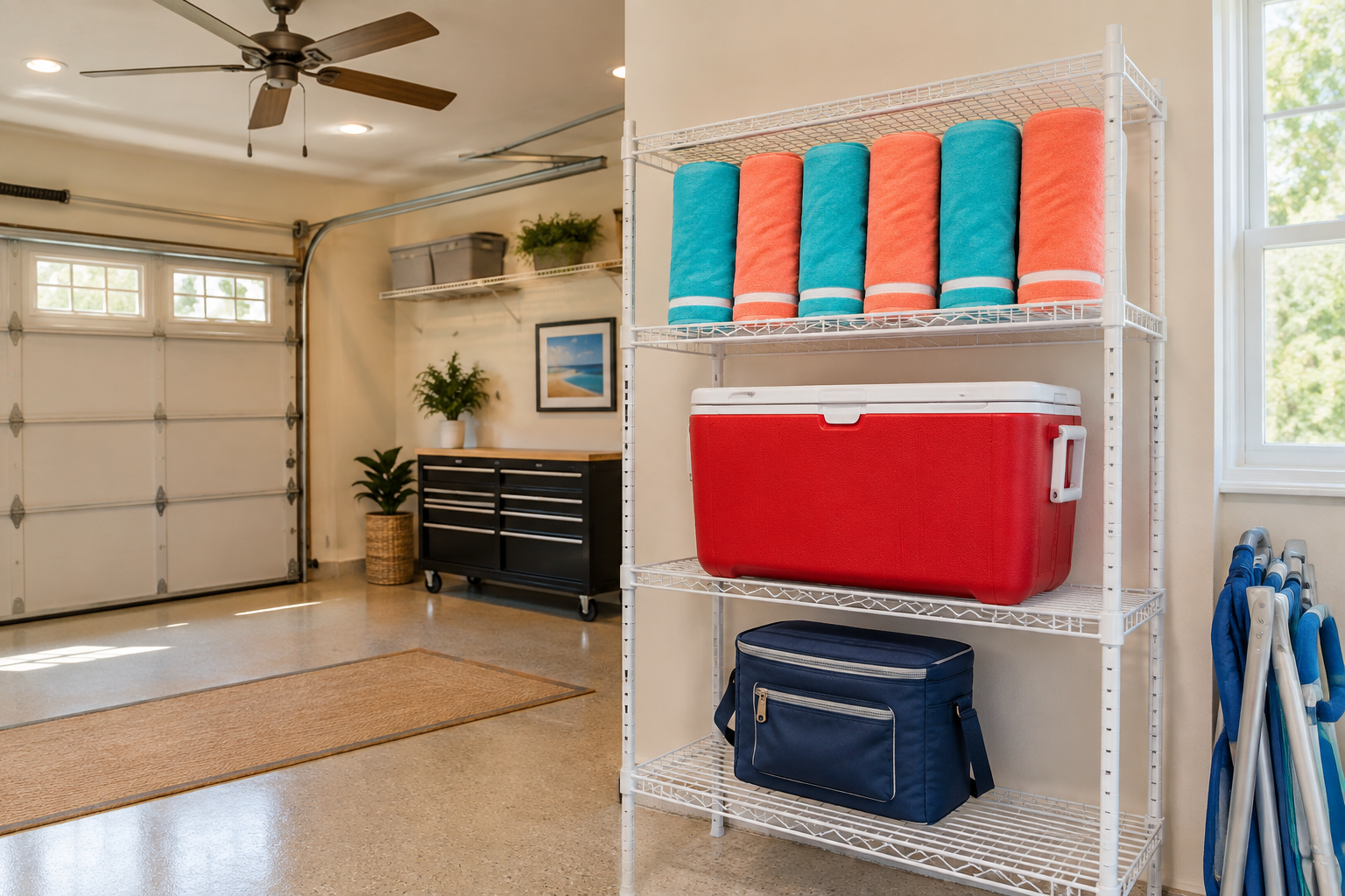 Three-tier white wire shelving unit with rolled beach towels on top and two coolers on lower shelves in bright garage
