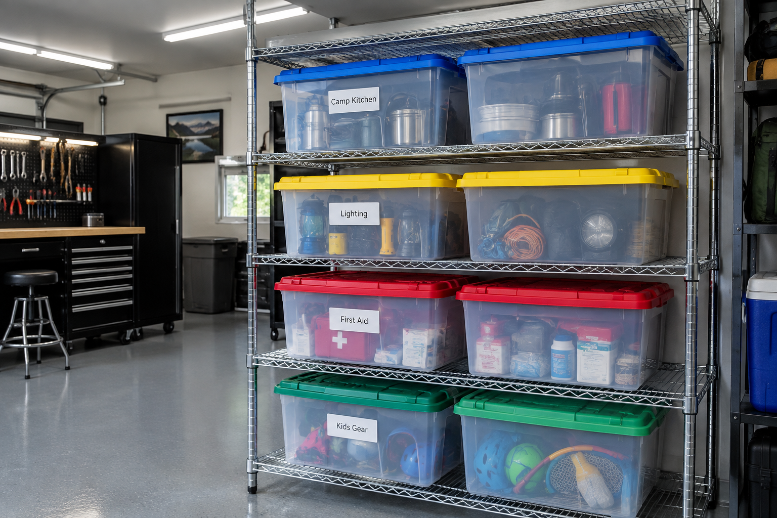 Chrome wire shelving in garage with clear labeled plastic totes organized by camping category