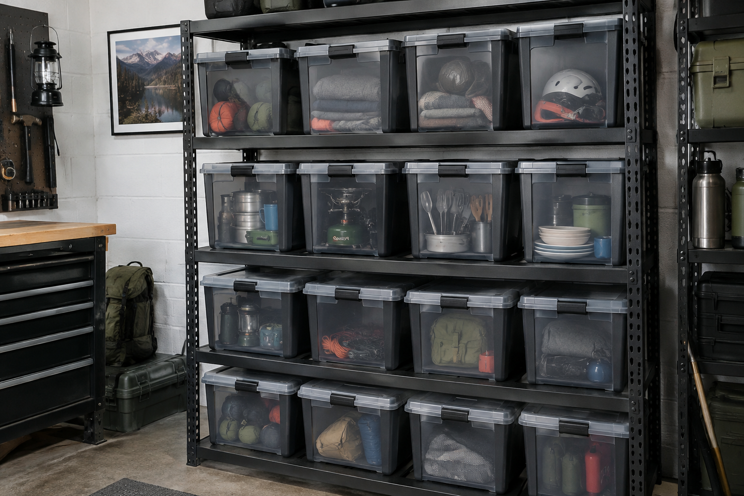 Heavy duty black metal shelves with gray semi transparent camping gear bins holding cookware and stove