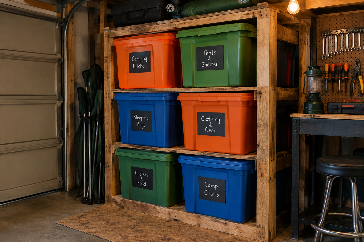 Tall wooden pallet rack in garage corner stacked with orange green and blue labeled camping totes