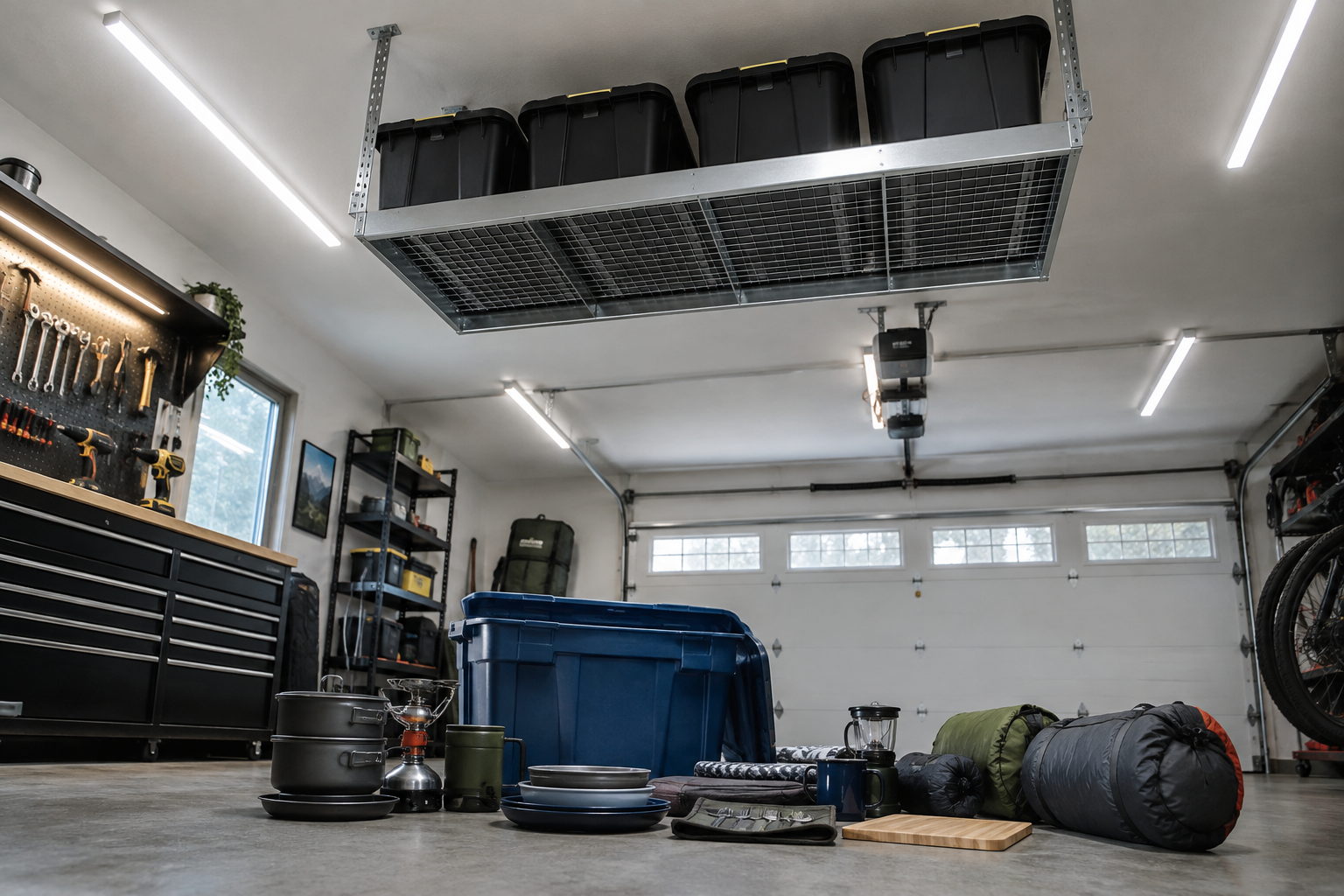 Overhead garage storage platform holding large black totes with camping kitchen gear spread on floor below