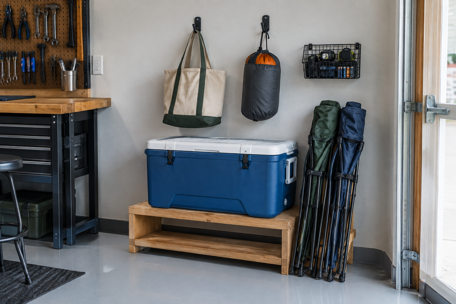 Garage corner camping trip station with cooler camp chairs tote bag sleeping bag and headlamp basket