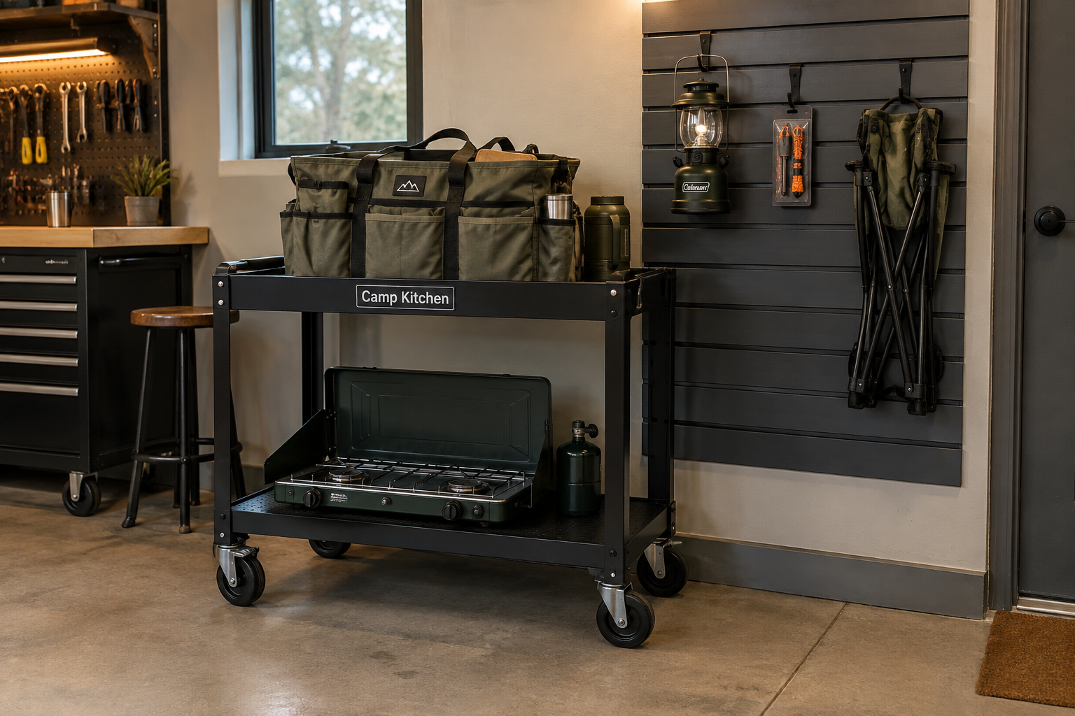 Black rolling utility cart with camp stove and kitchen tote beside slatwall with lantern fire starter and chair
