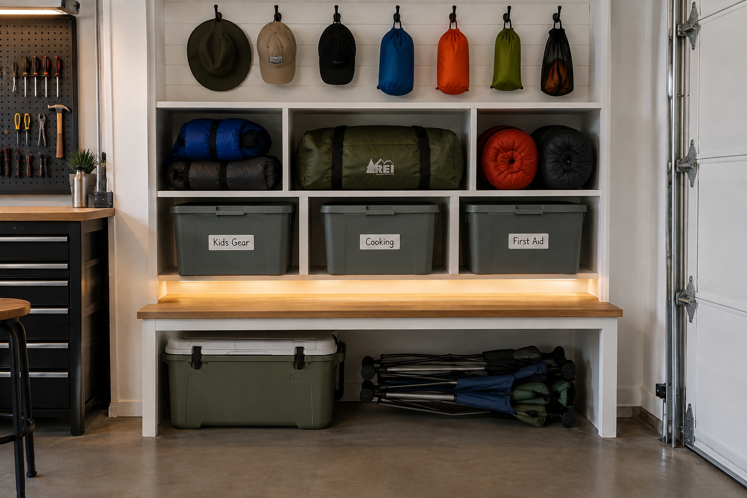 Built in white garage camping station with cubbies bins bench cooler space and hat hooks under LED lighting