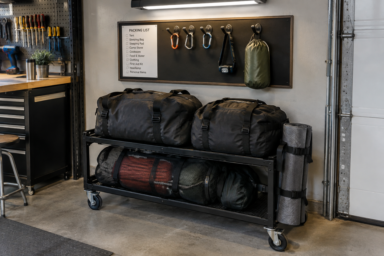Rolling black metal rack in garage with duffel bags sleeping mat mesh bag and wall packing list board above