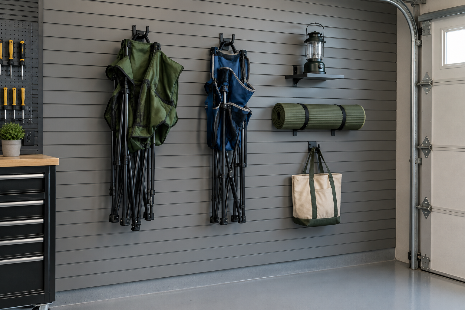 Gray slatwall garage wall with camp chairs lantern sleeping mat and canvas bag hung on hooks
