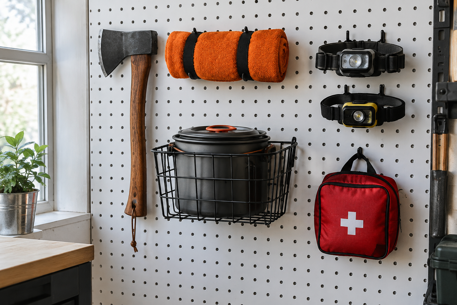 White garage pegboard wall with black hooks holding hatchet headlamps cook pots camp towel and first aid pouch