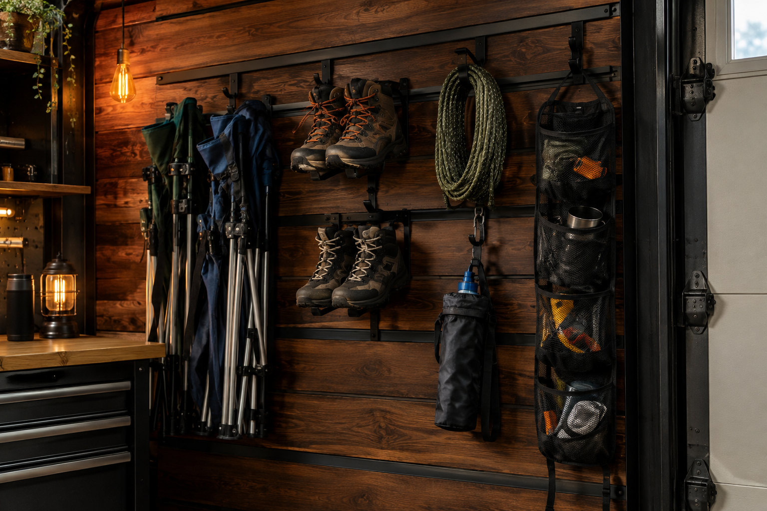 Walnut wood slat wall in garage with camp chairs hiking boots clothesline water filter and mesh organizer hung up