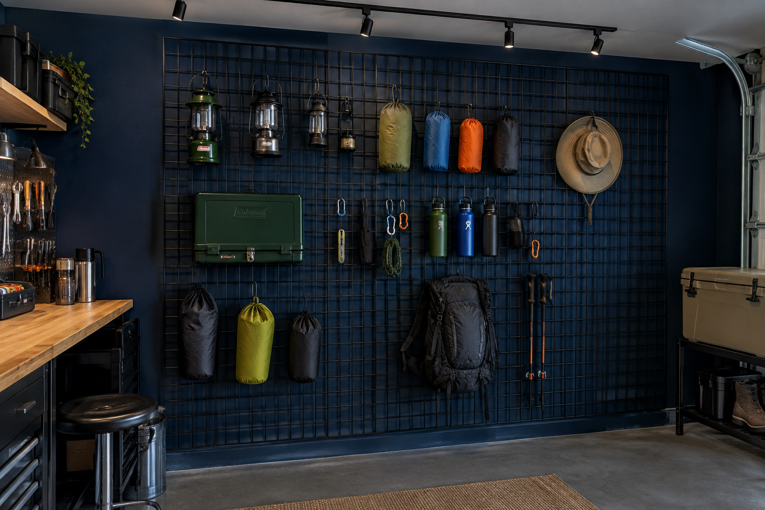 Matte black metal grid panel on navy blue garage wall holding lanterns water bottles camp stove and sun hat
