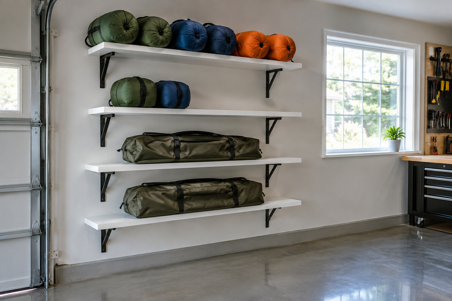 White wooden garage shelves holding rolled sleeping bags and folded tent bags in green blue and orange
