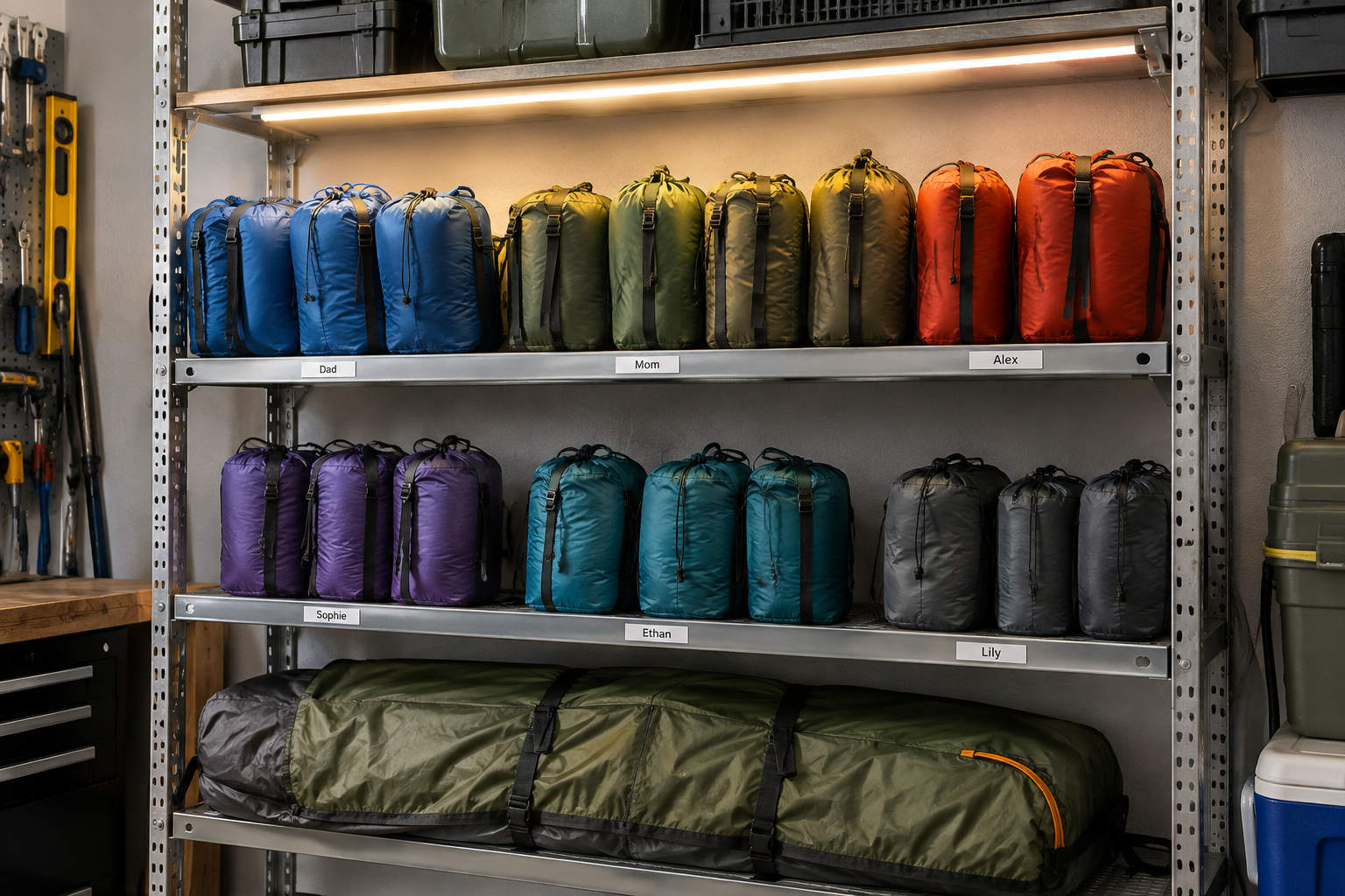 Silver adjustable track shelving in garage with labeled sleeping bag stuff sacks lined up in a row