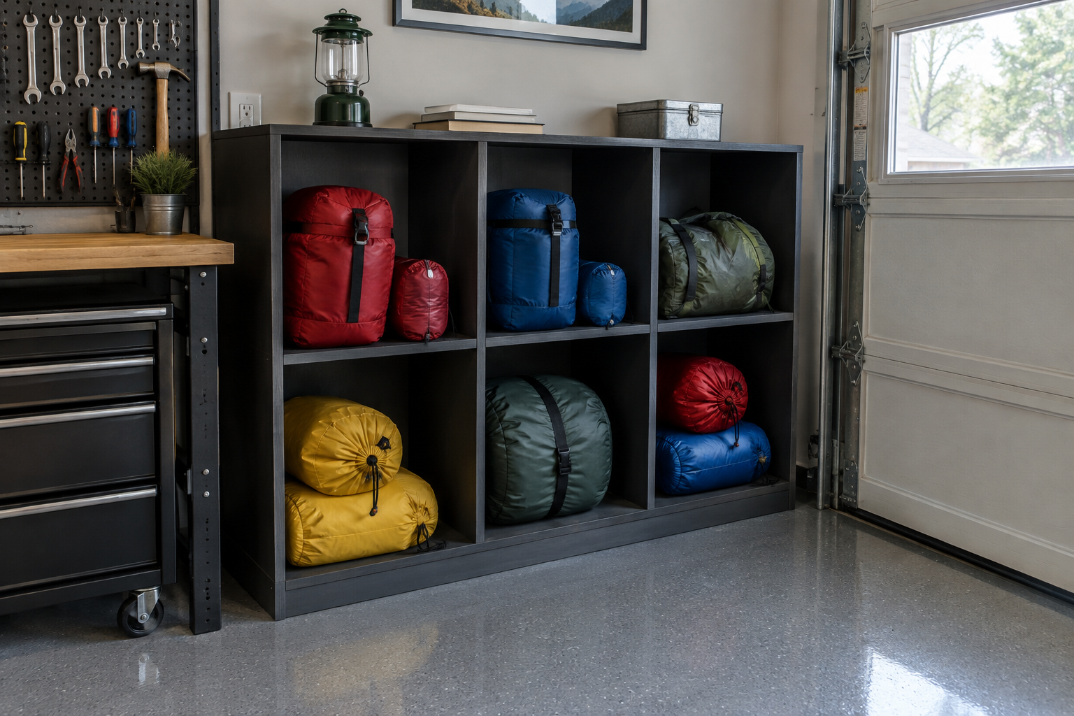 Charcoal gray plywood cubby unit in garage corner holding color coded tent bags and sleeping bag rolls