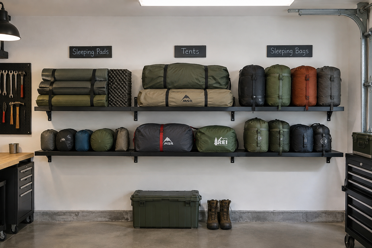 Black powder coated floating steel shelves in garage holding sleeping pads tent bags and compression sacks