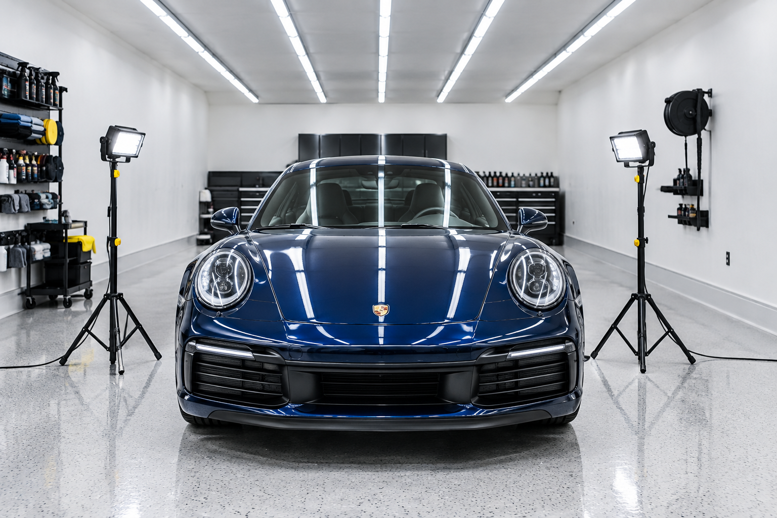 Garage paint correction bay with overhead LED shop lights and portable tripod work lights illuminating dark blue sports car