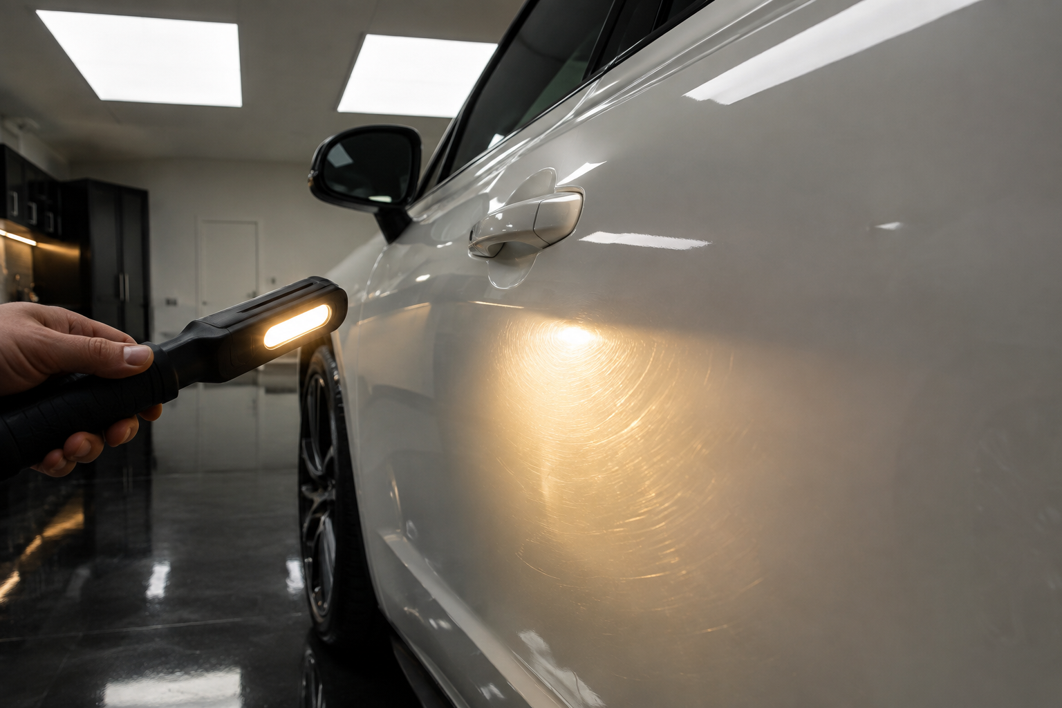 Handheld LED inspection light raking across white car door panel revealing swirl marks in garage detailing setup