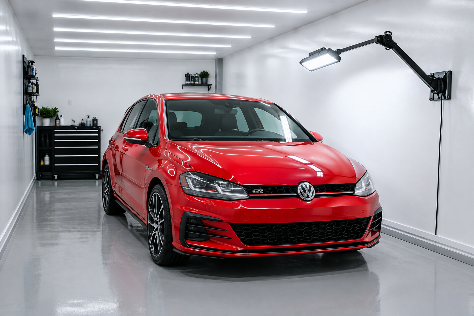 Single-car garage detailing bay with continuous LED ceiling light bars and swing-arm wall light on epoxy floor