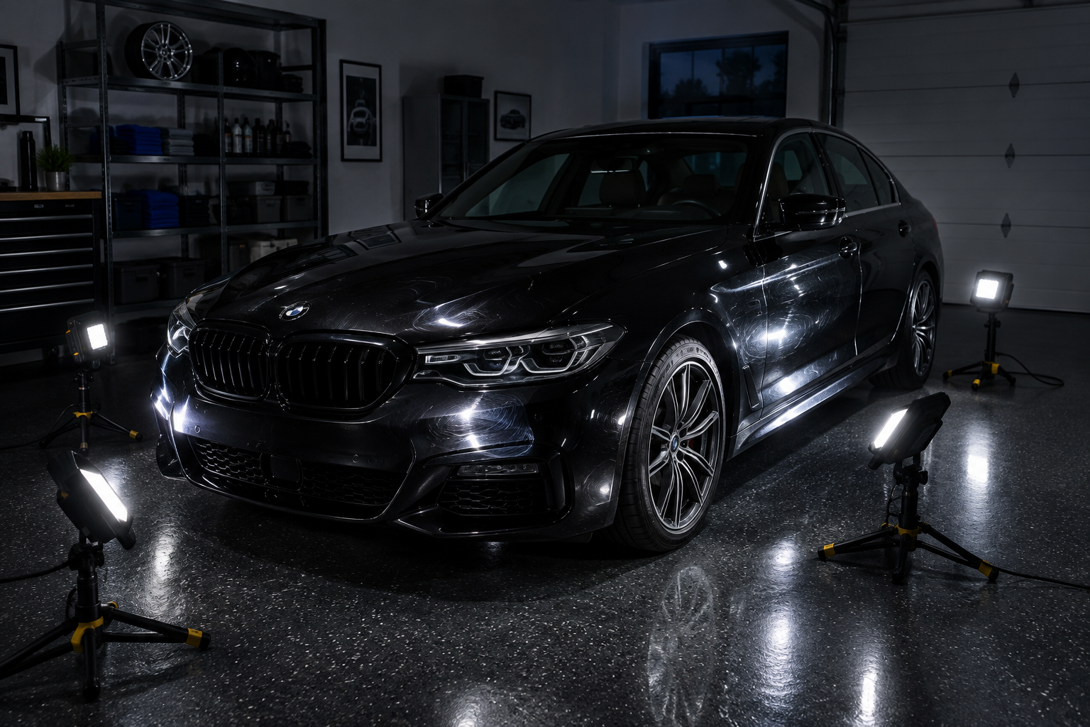 Black luxury sedan surrounded by floor-level LED work lights at night in garage for dramatic paint defect inspection