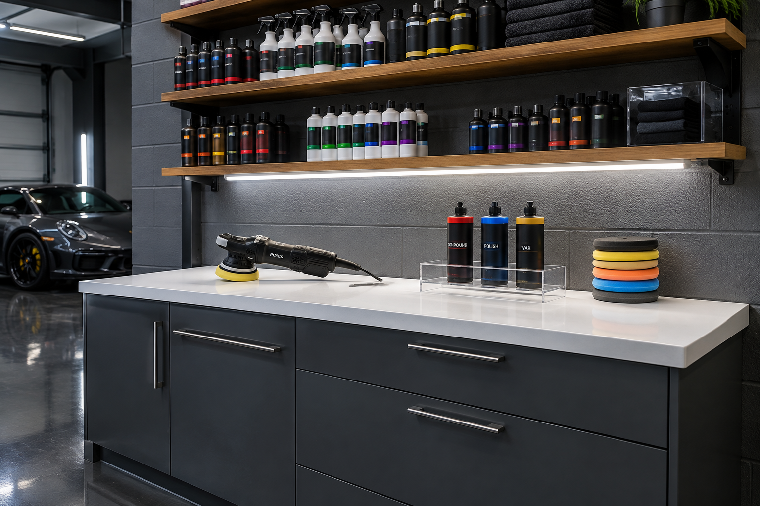 Organized garage detailing station with polisher, compound bottles, and overhead LED lighting on epoxy floor