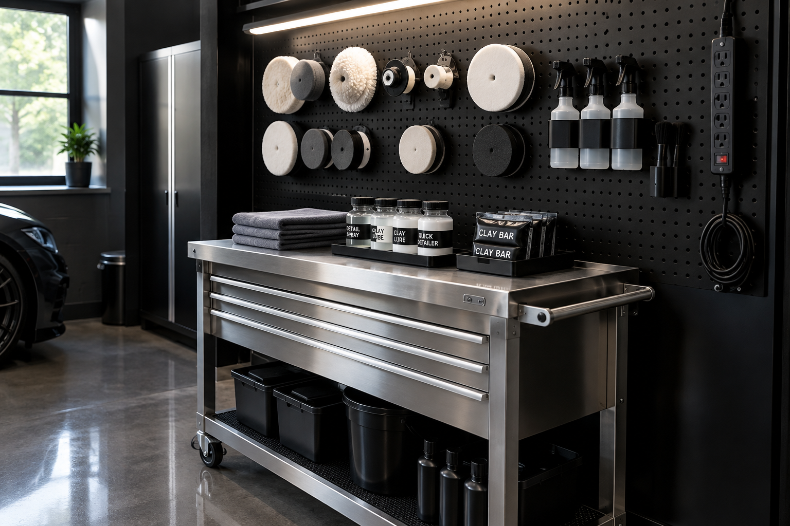 Stainless steel detailing cart beside black pegboard wall with polishing pads and spray bottles organized on hooks