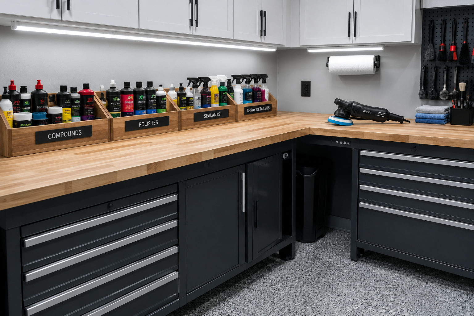 L-shaped butcher block detailing workbench in corner of garage with labeled product organizer and LED shop lights