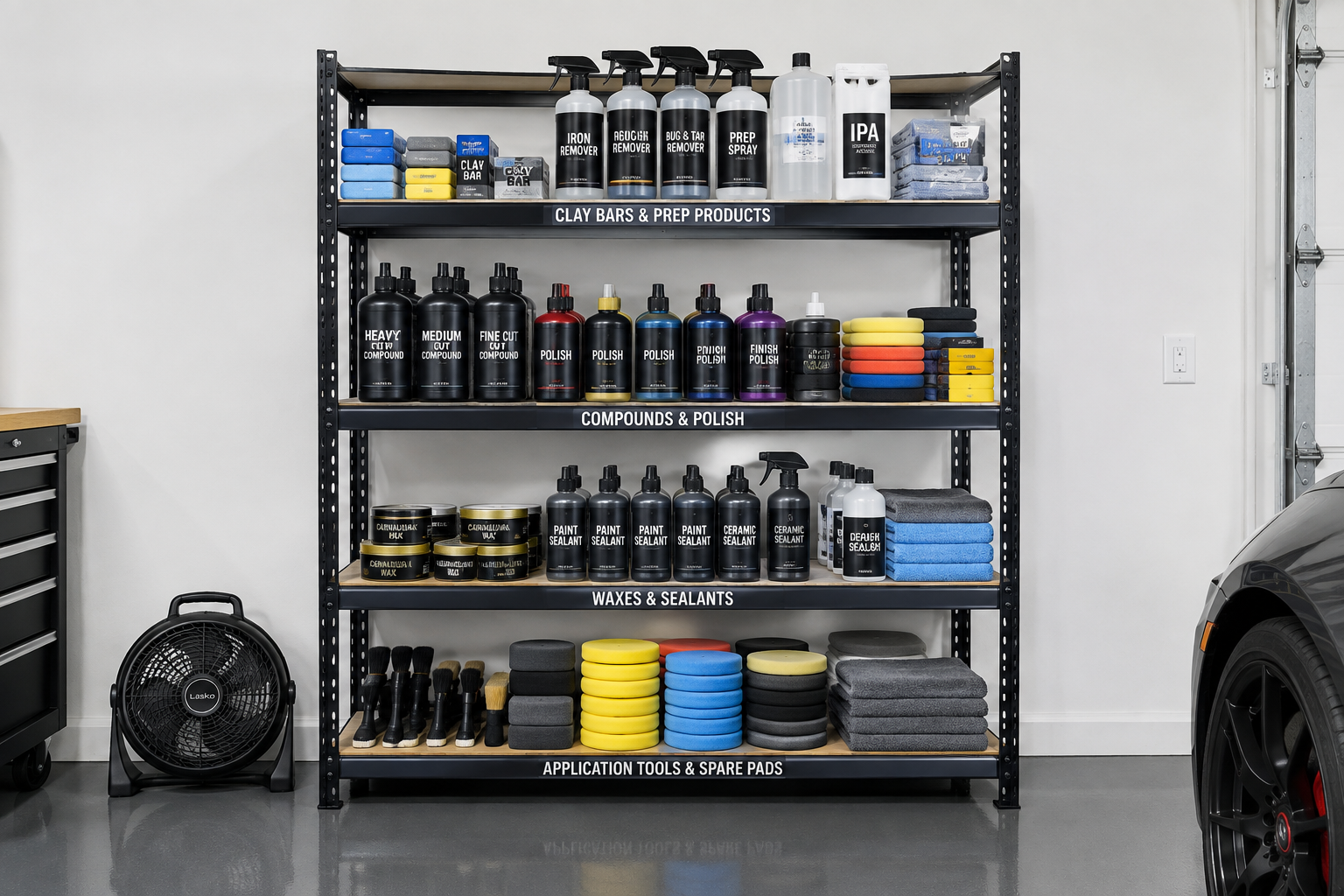 Five-tier black metal shelving unit in garage holding organized car detailing products by category on epoxy floor