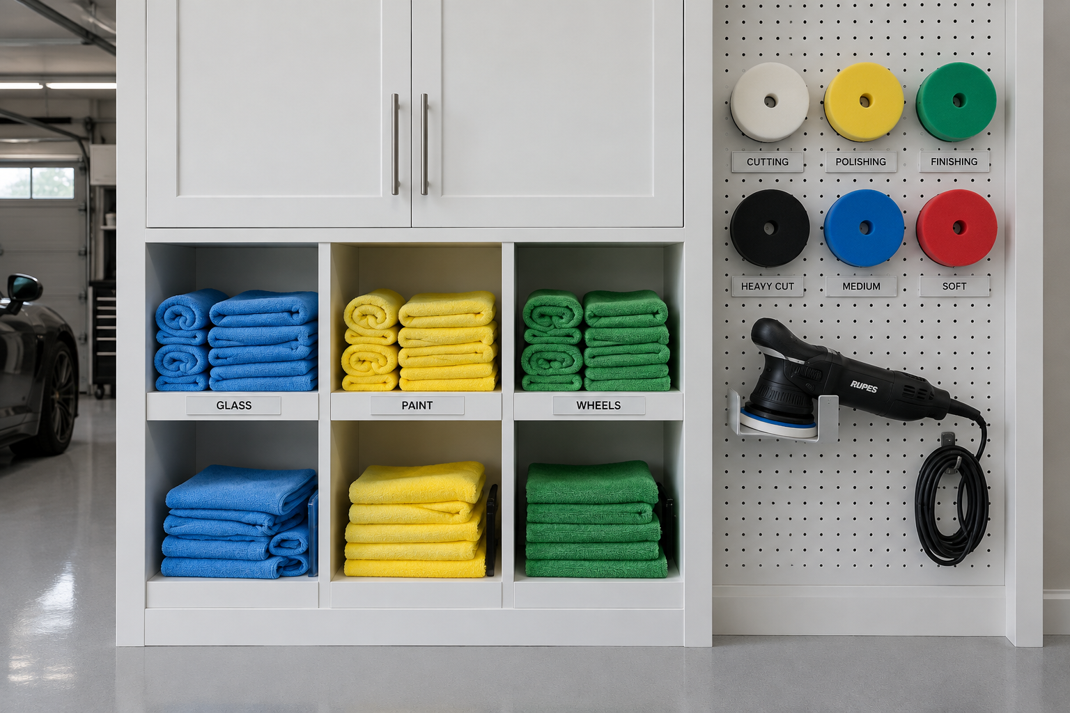 Custom white garage storage unit with color-coded microfiber towel cubbies and pegboard for polishing pads and machine polisher